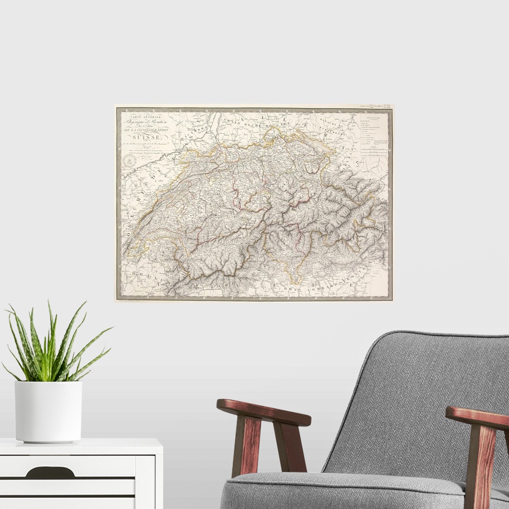 A modern room featuring Antique map of Switzerland