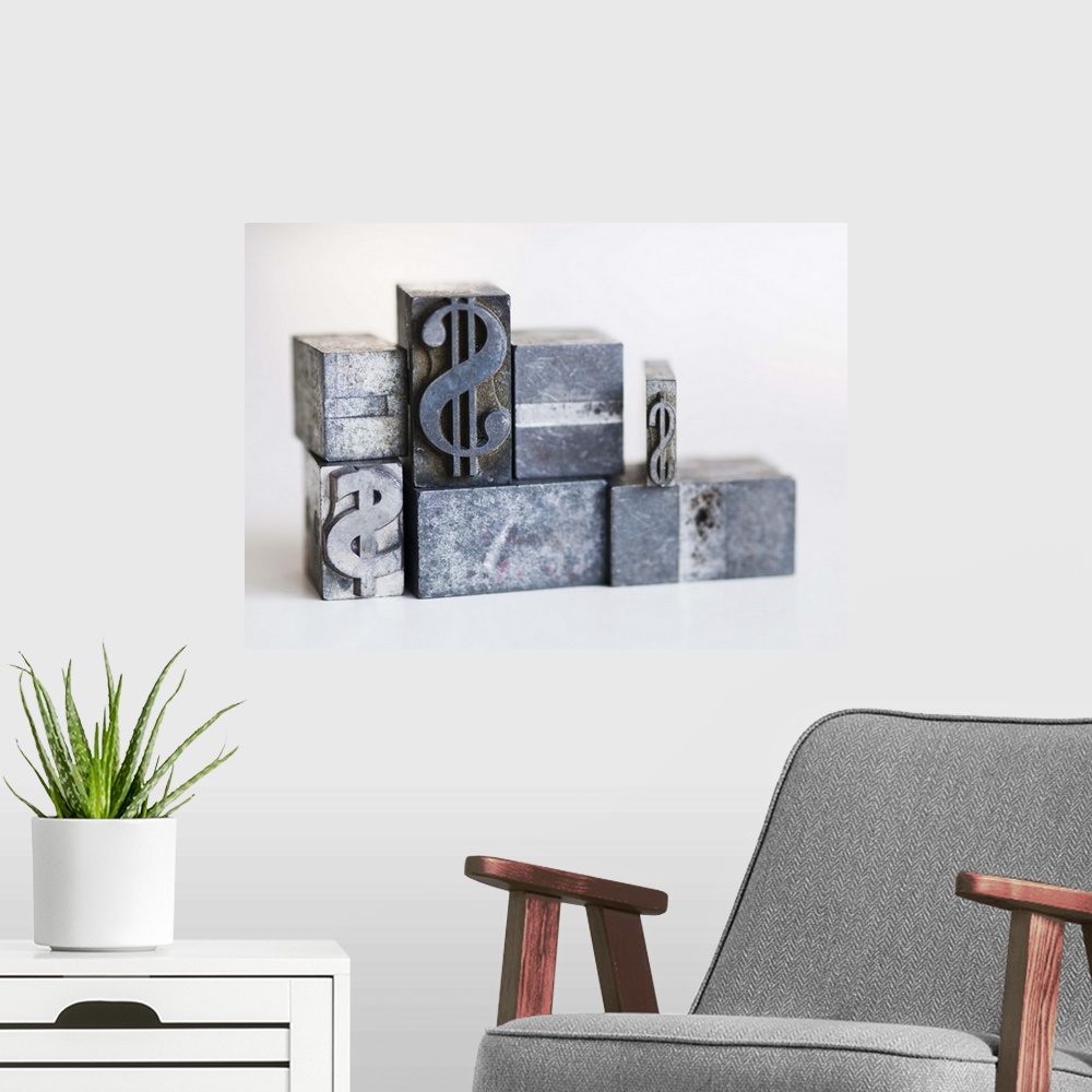 A modern room featuring Close up of printing blocks with dollar sign