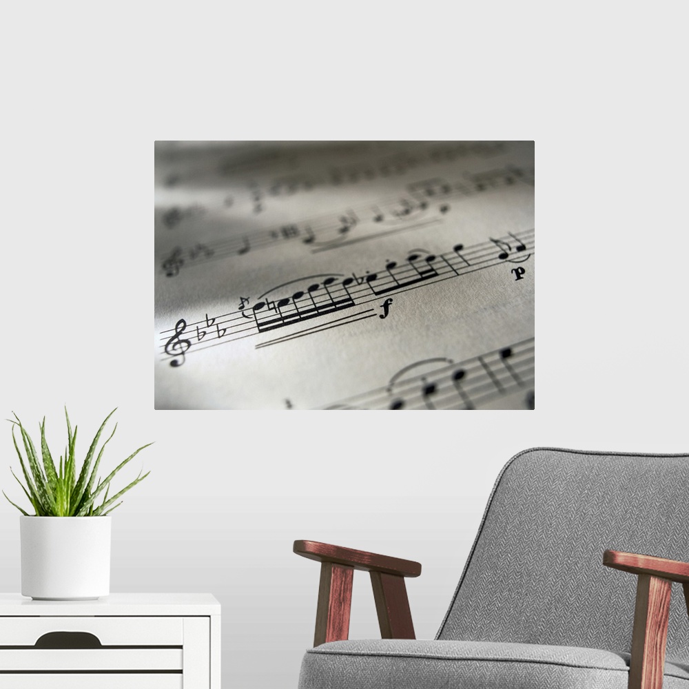 A modern room featuring Large canvas photo of the up close view of a music sheet with musical notes.