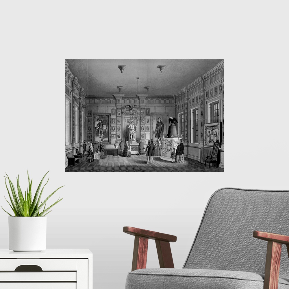 A modern room featuring Interior View Of Independence Hall, Philadelphia By M. Rosenthal