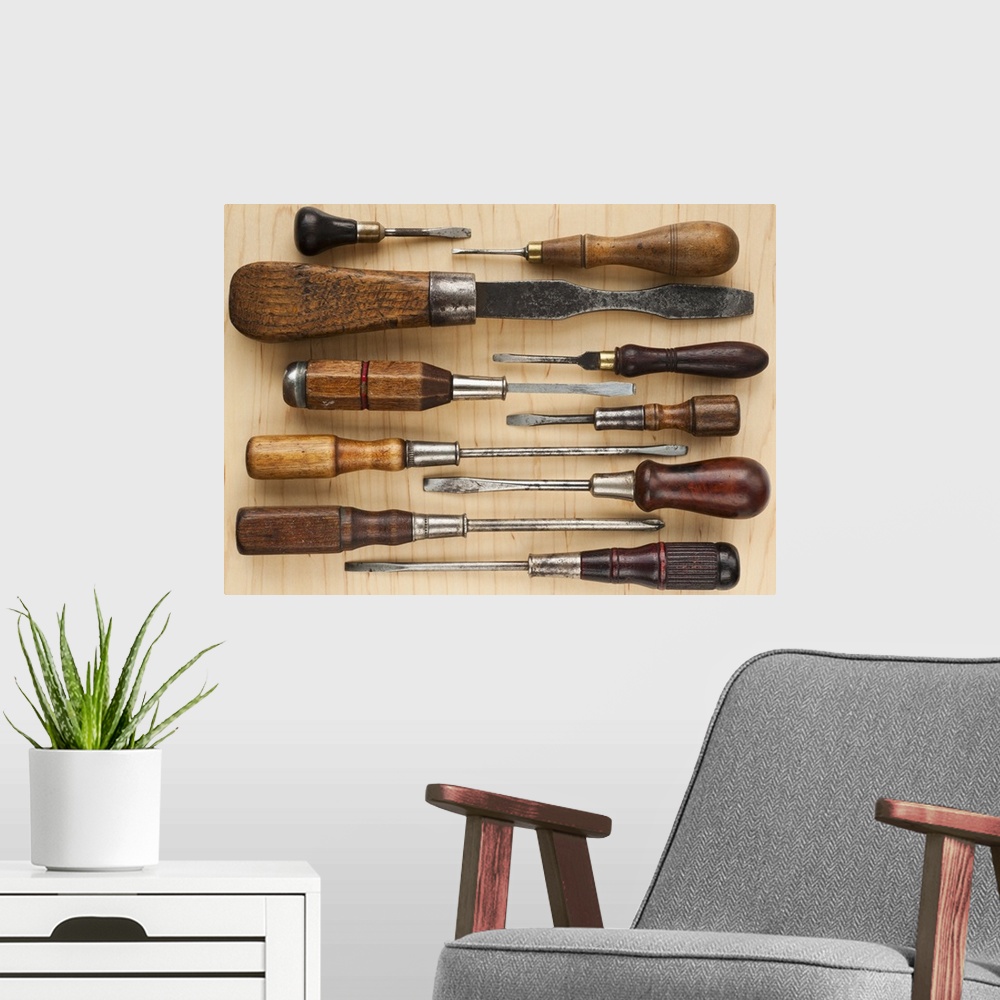 A modern room featuring Selection of old screwdrivers