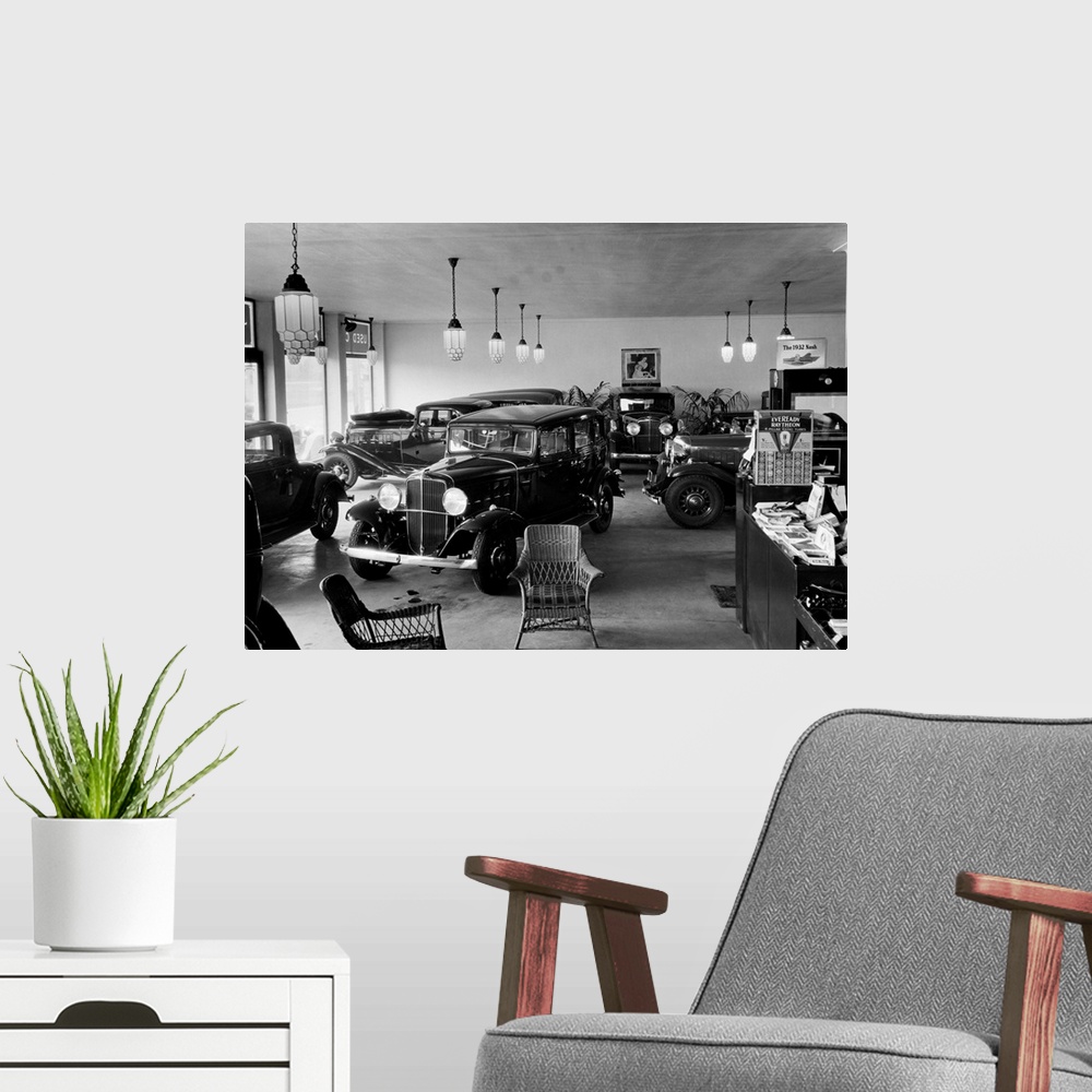 A modern room featuring Automobile showroom showing Nash cars, Huntington, L.I., New York.