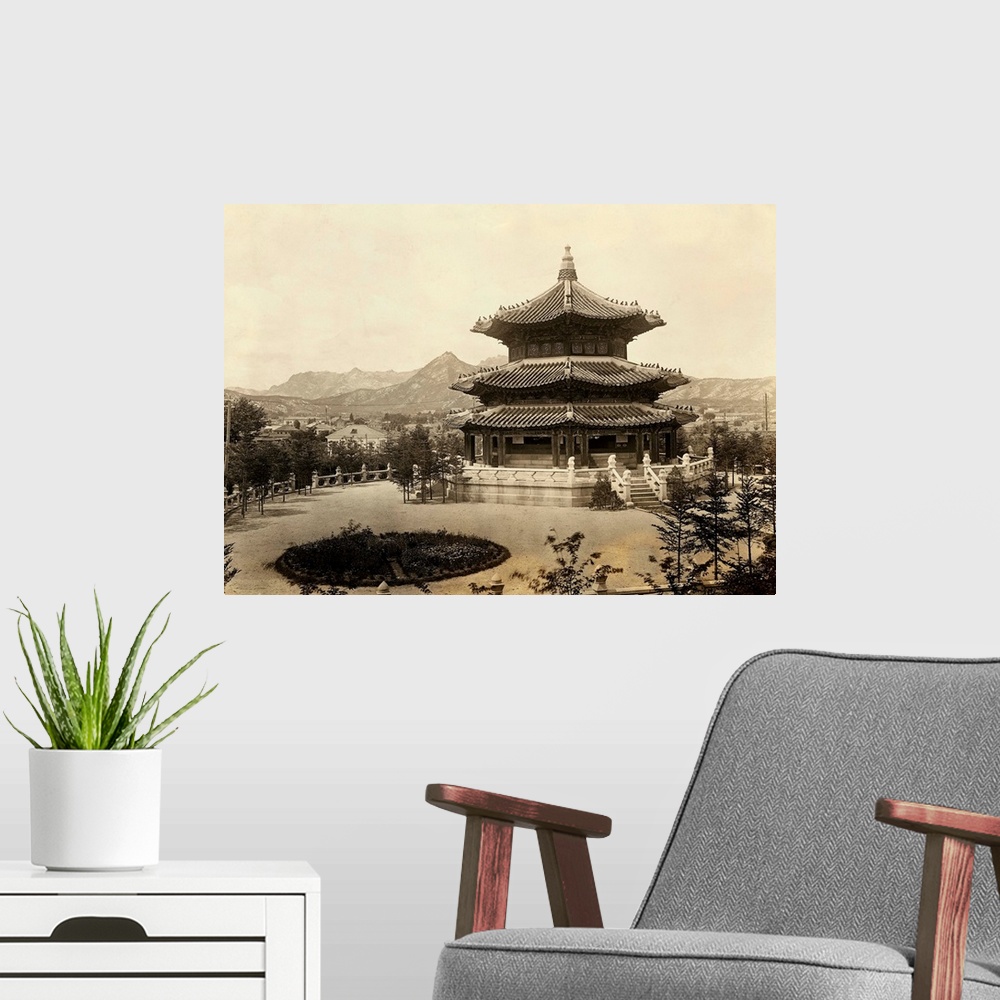 A modern room featuring Exterior view of the Temple of Heaven, Seoul, Korea. Undated.