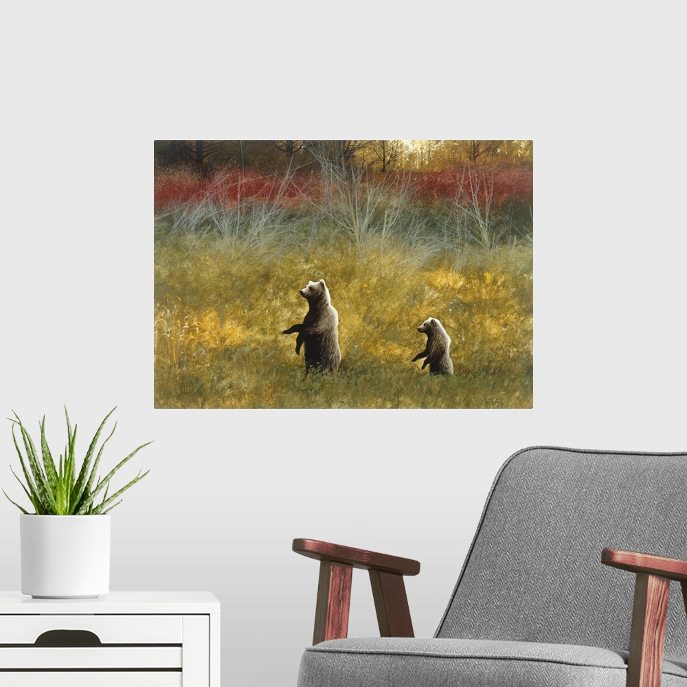 A modern room featuring Contemporary painting of a brown bear and bear cub walking on two legs through an Autumn field.