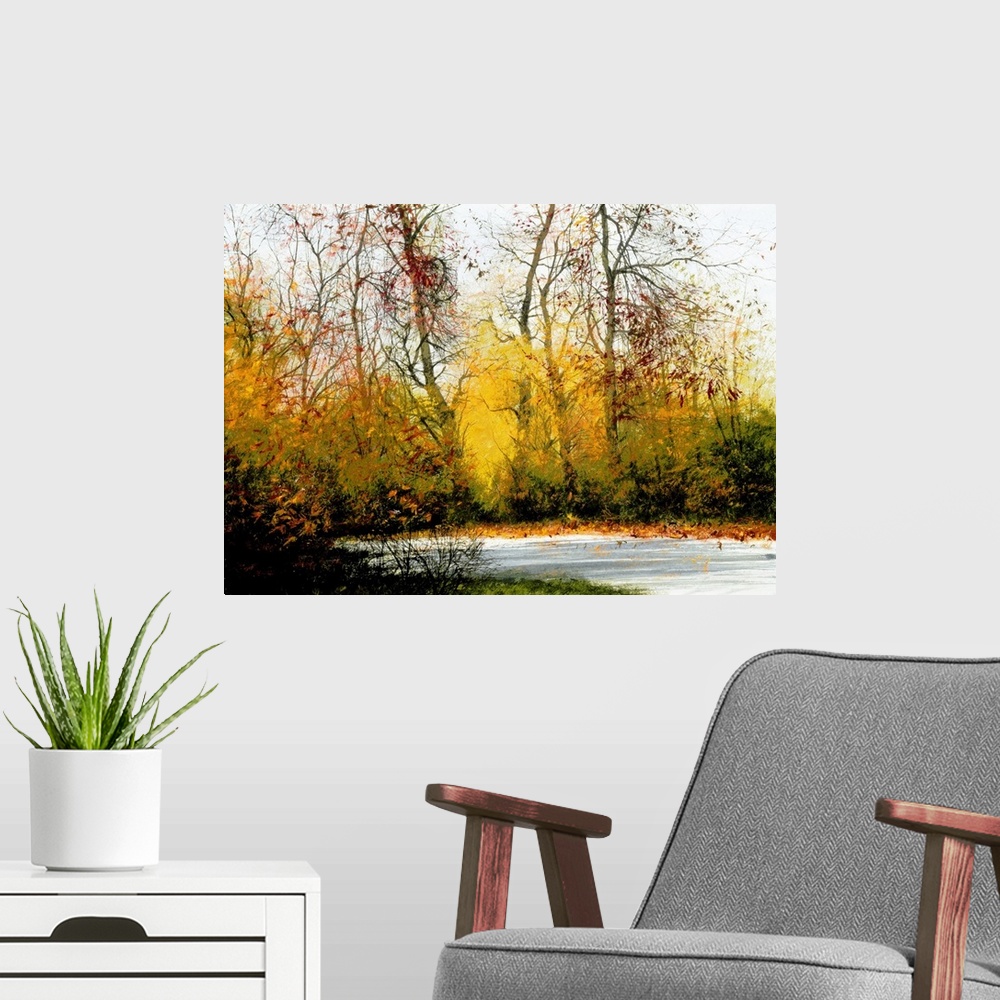A modern room featuring Contemporary painting of an Autumn landscape with brightly colored trees.