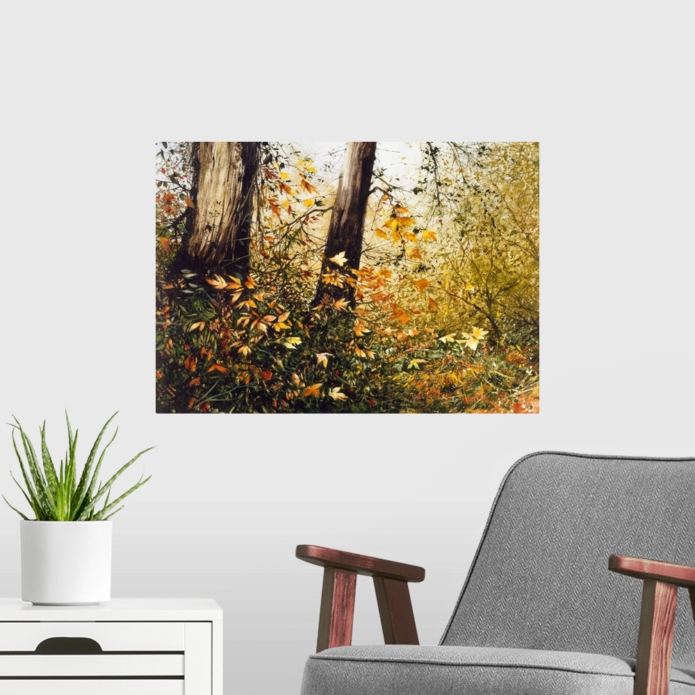 A modern room featuring Contemporary painting of Fall leaves blowing in the wind in the middle of the woods.