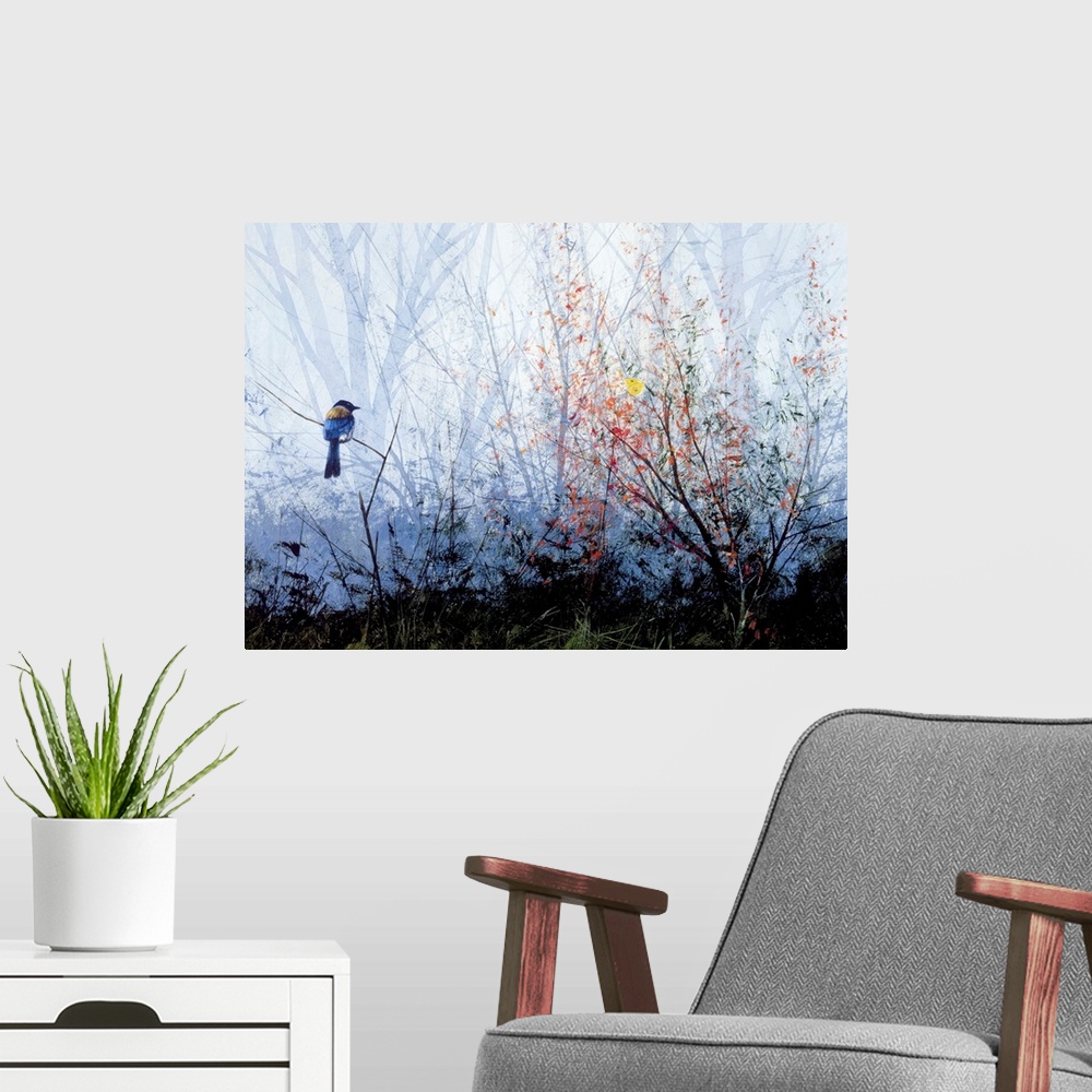 A modern room featuring Contemporary painting of a blue bird and a yellow butterfly perched on a branch in the woods.