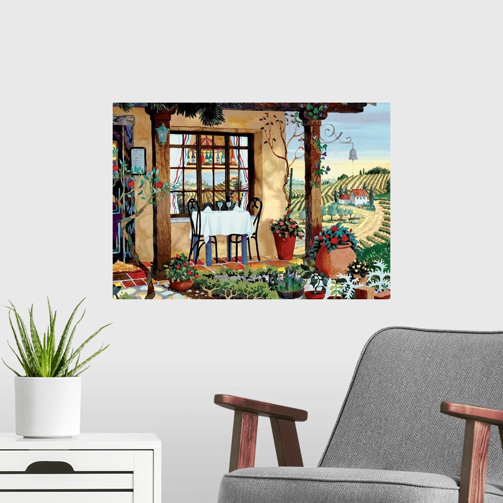 A modern room featuring Large canvas painting of a vineyard with a small restaurant in the foreground and a flower garden.