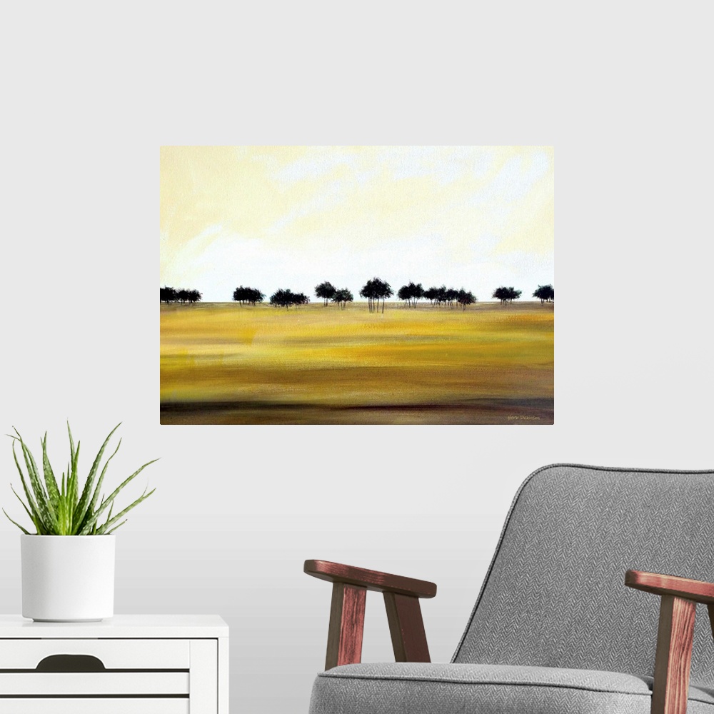 A modern room featuring Contemporary minimalist painting of a row of dark trees in the distance and golden fields in the ...