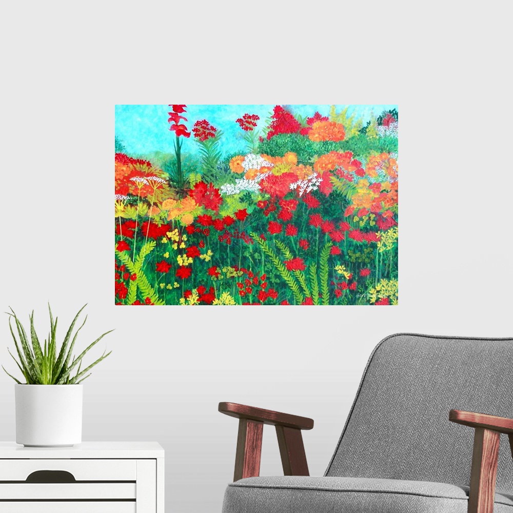 A modern room featuring Contemporary painting of a garden with orange, red, and white flowers surrounded by greenery and ...
