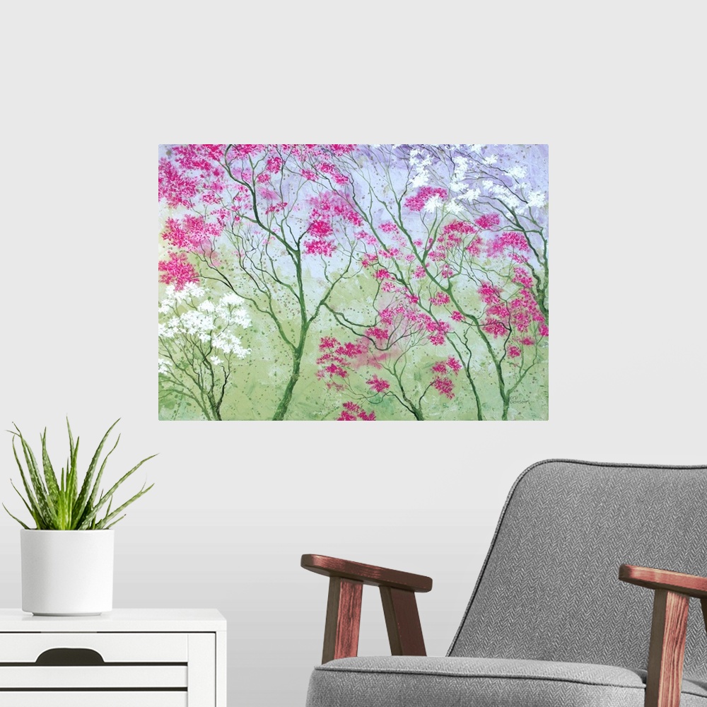 A modern room featuring Colorful painting of tree tops with pink, purple, and white blossoms on a green background.