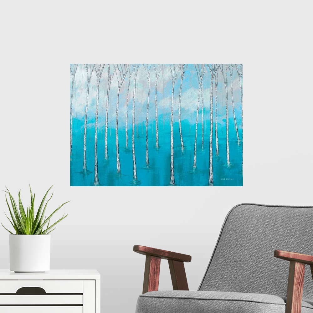 A modern room featuring Landscape painting of bare trees in marsh waters with a cloudy background.