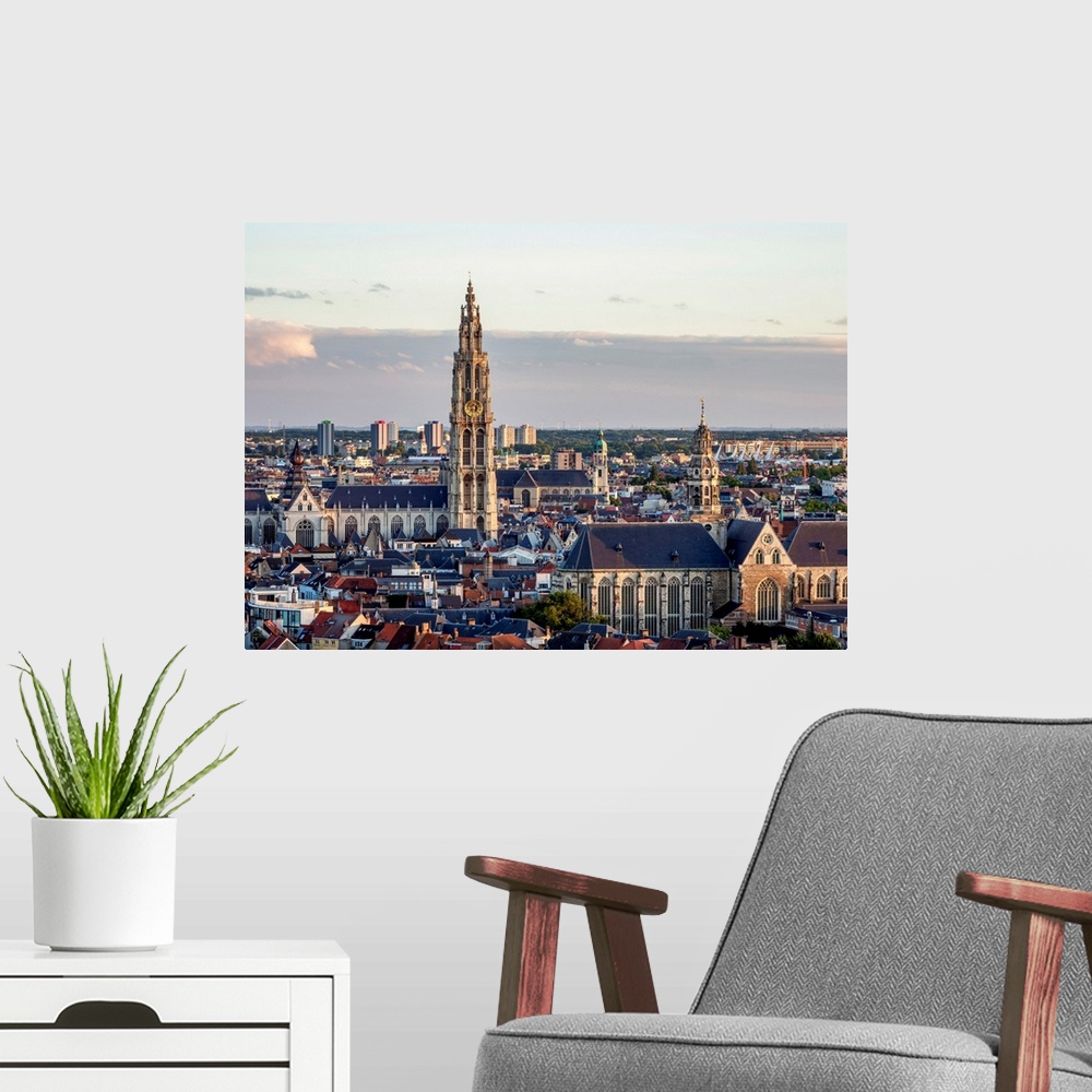 A modern room featuring City Center Skyline At Sunset, Elevated View, Antwerp, Belgium