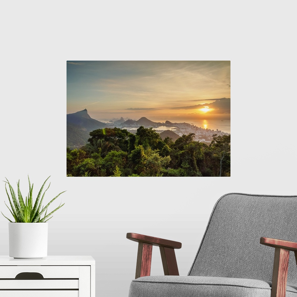 A modern room featuring Cityscape from Vista Chinesa at sunrise, Rio de Jan Christophereiro, Brazil