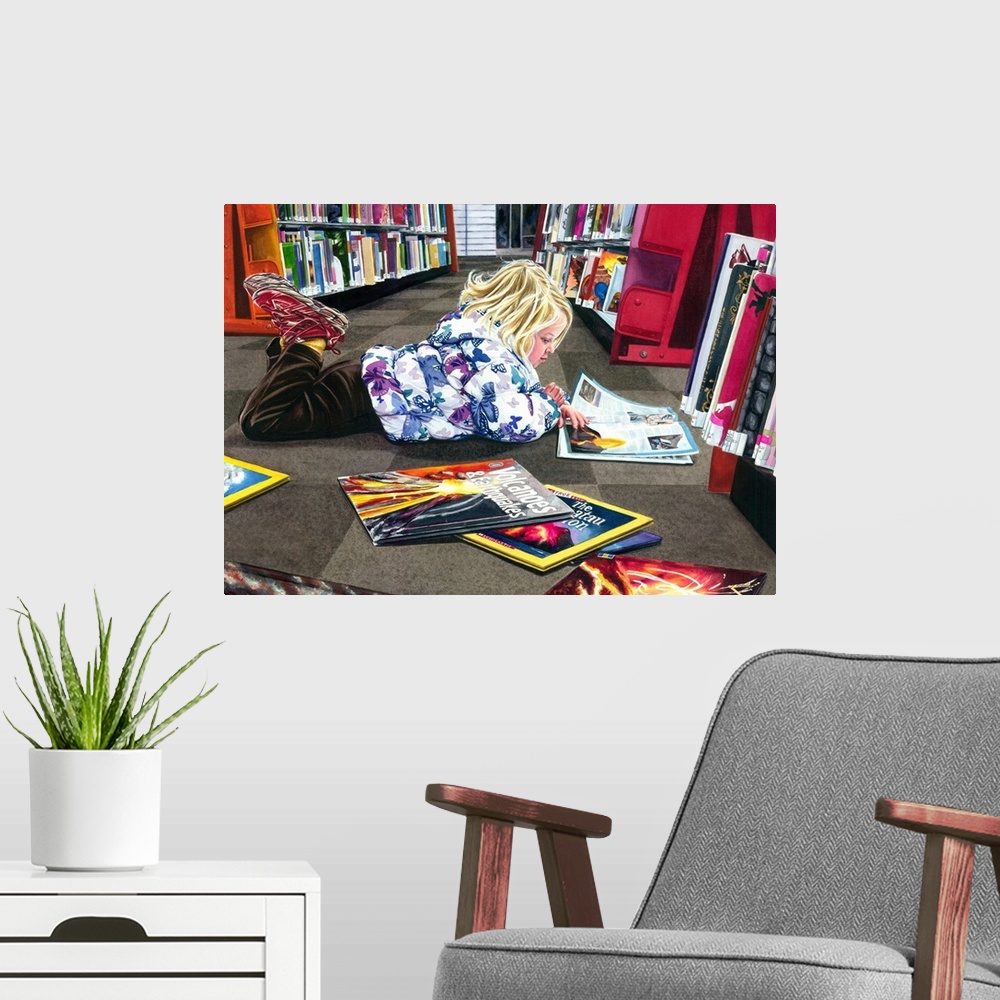 A modern room featuring A watercolor portrait of a young girl laying on the floor of a book store looking at books about ...
