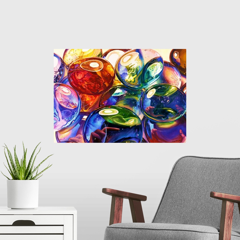 A modern room featuring Watercolor painting of translucent glass gems in a variety of colors.