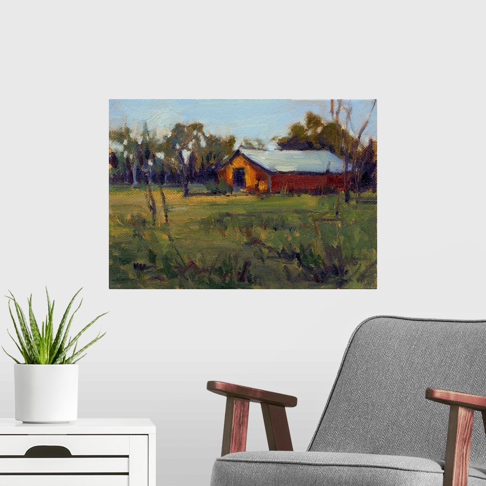 A modern room featuring A horizontal contemporary painting of a barn near trees with a field in the foreground.