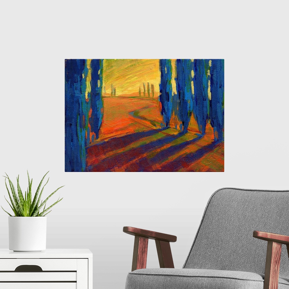 A modern room featuring A contemporary painting of a small country road framed by cypress trees.