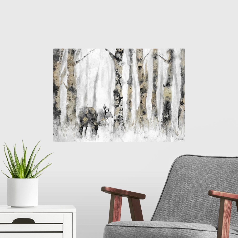 A modern room featuring Contemporary painting of deer in a forest of gray and gold which fade in the distance.