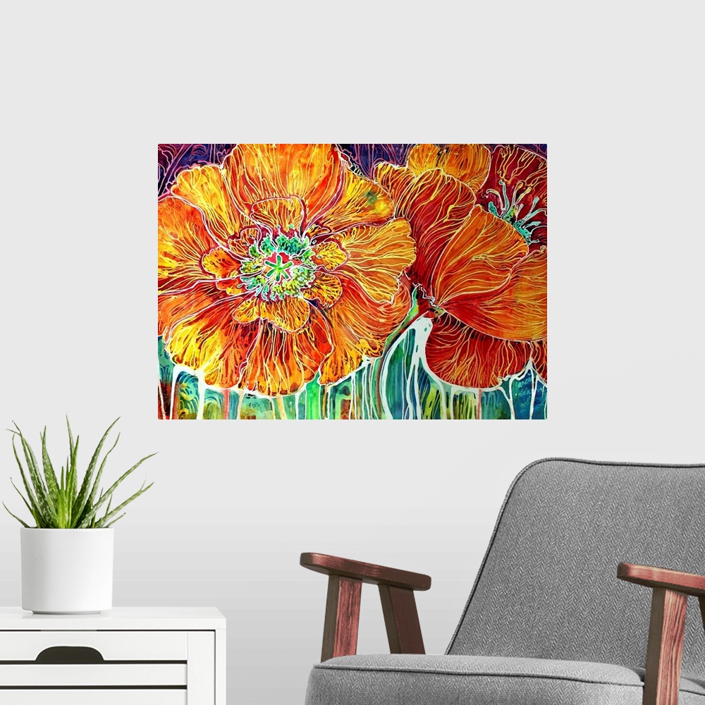 A modern room featuring California wild poppies, captured on canvas using the exciting technique of Batik and watercolor.