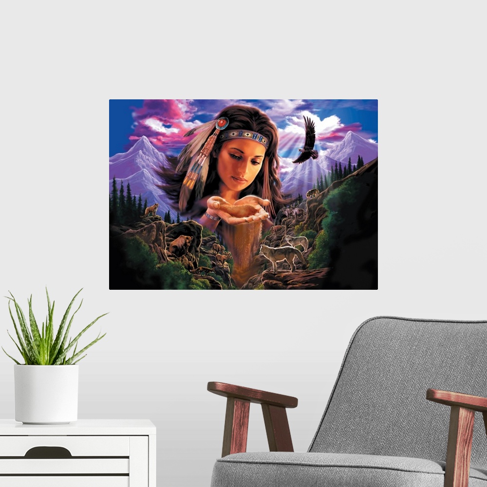 A modern room featuring Fantasy style artwork of an Indian woman that is drawn as big as the mountains to either side of ...