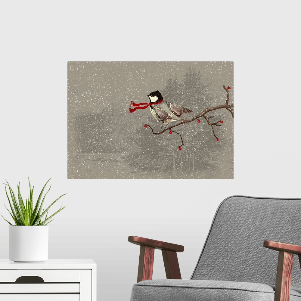 A modern room featuring A small chickadee wearing a red scarf on a holly branch.