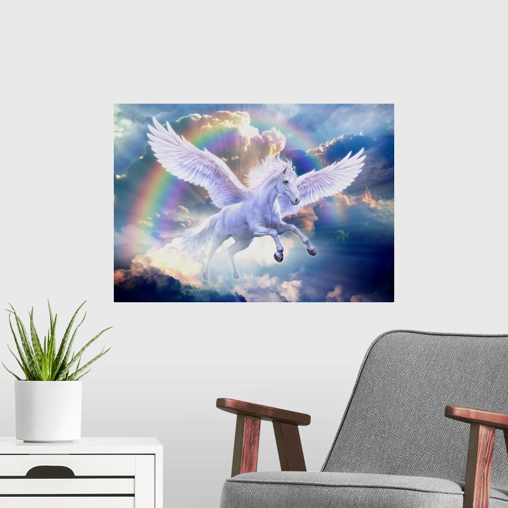 A modern room featuring Artwork of a white Pegasus flying through a rainbow in a sky of blue clouds.