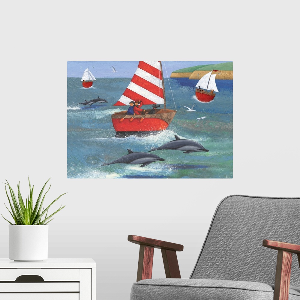 A modern room featuring Contemporary nautical themed painting of people sailing in the bay with dolphins jumping out of t...