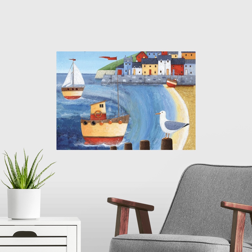 A modern room featuring Contemporary nautical themed painting of a small harbor town with boats anchored on the shore line.