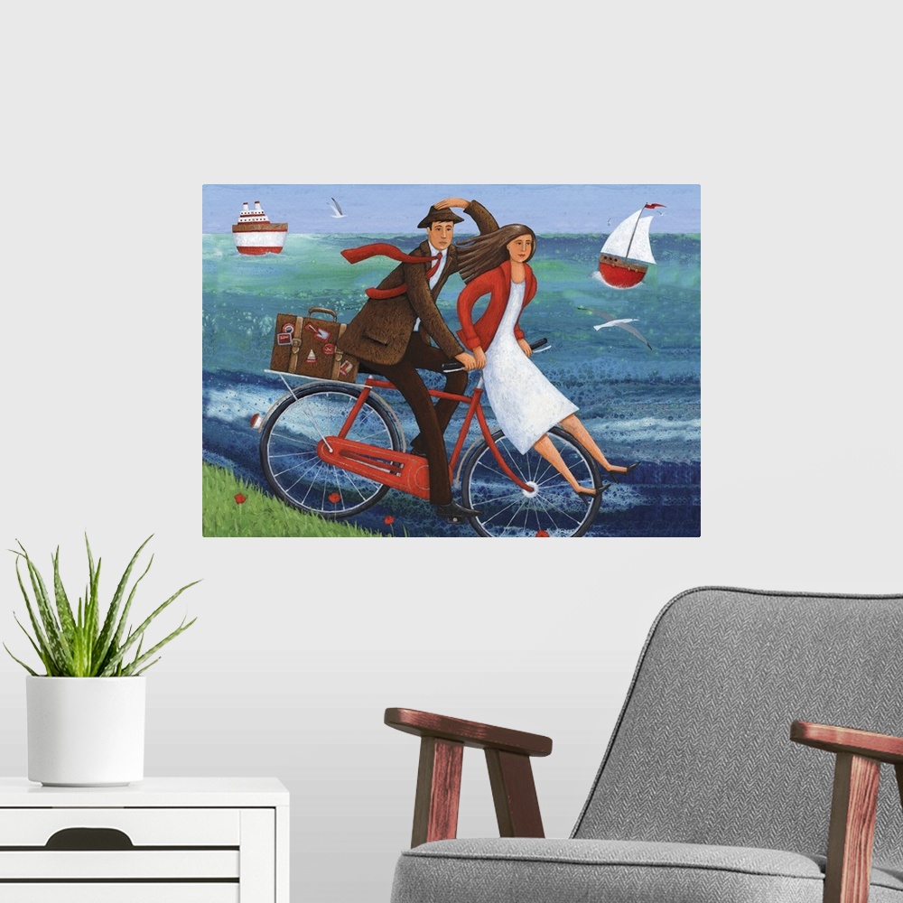 A modern room featuring Contemporary painting of a woman sitting on the handle bars of a red bike while a man pedals it.
