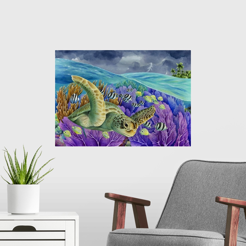 A modern room featuring Whimsy watercolor painting of a sea turtle surrounded by tropical fish in the reefs, while overhe...