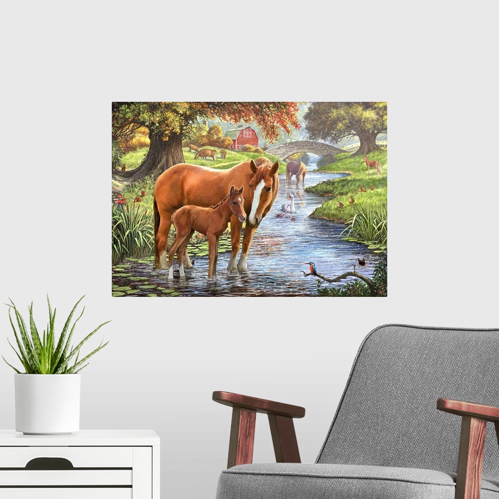 A modern room featuring Mare and foal in a stream in the autumn