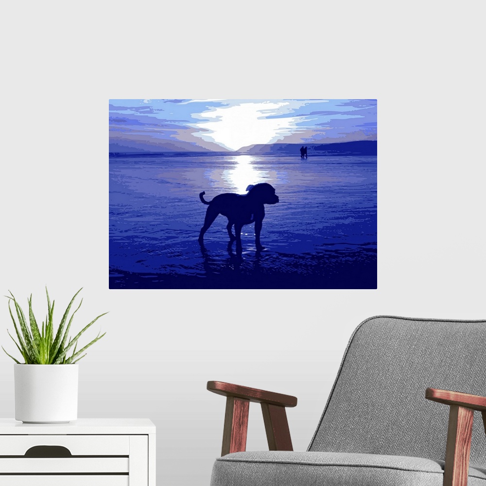 A modern room featuring Staffordshire Bull Terrier Dog on beach, in blue. Pop Art Print.