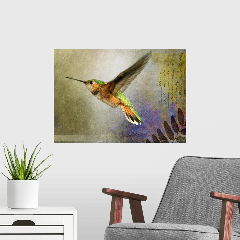 A modern room featuring Contemporary artwork of a hummingbird in mid flight.