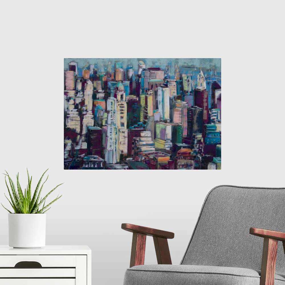 A modern room featuring Contemporary artwork of the Manhattan city skyline packed with skyscrapers of varying heights.