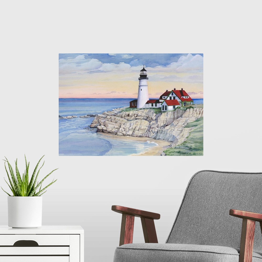 A modern room featuring Watercolor painting of a lighthouse on a rocky cliff overlooking the ocean.