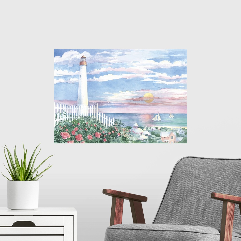 A modern room featuring Cape May lighthouse in New Jersey in the morning with a white fence and garden.