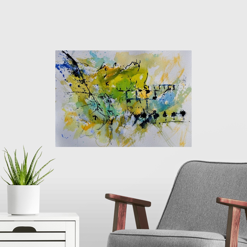 A modern room featuring A horizontal abstract painting in shades of green, blue and yellow with splatters of paint overla...