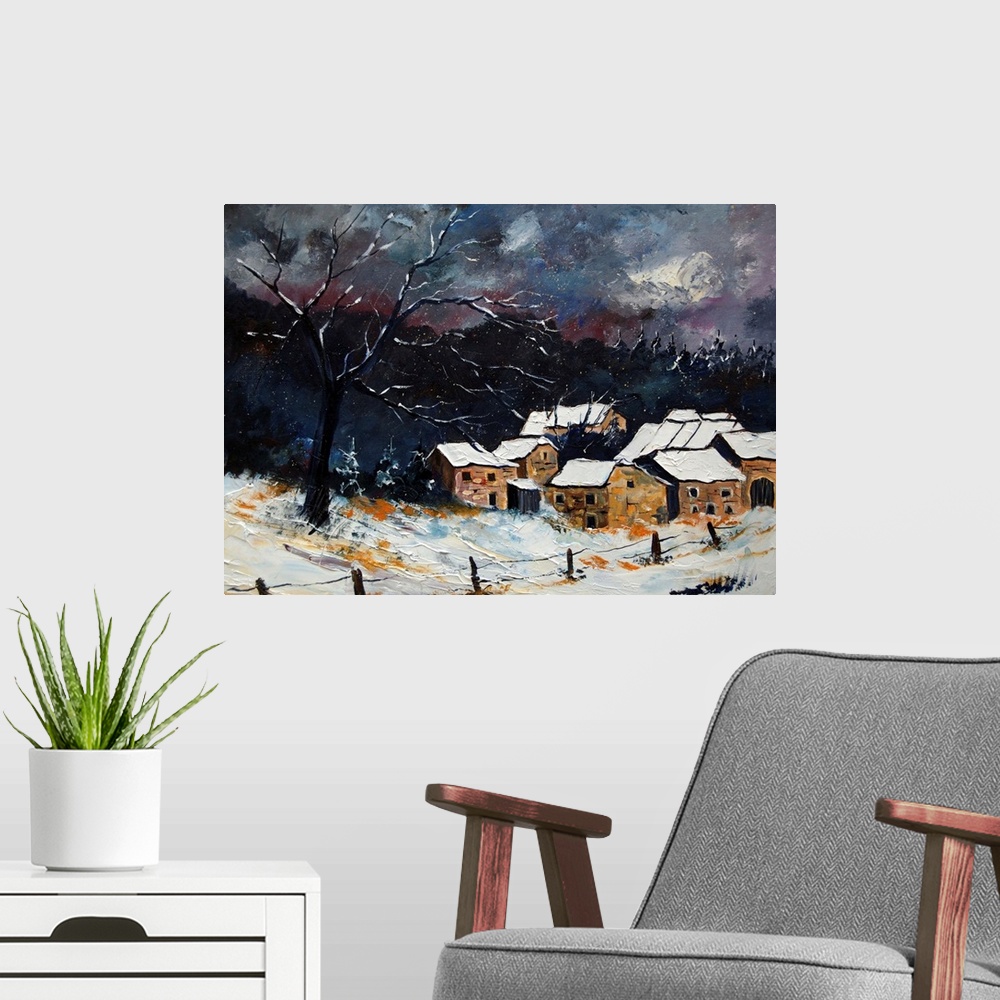 A modern room featuring A horizontal abstract landscape of a snowy village at night.