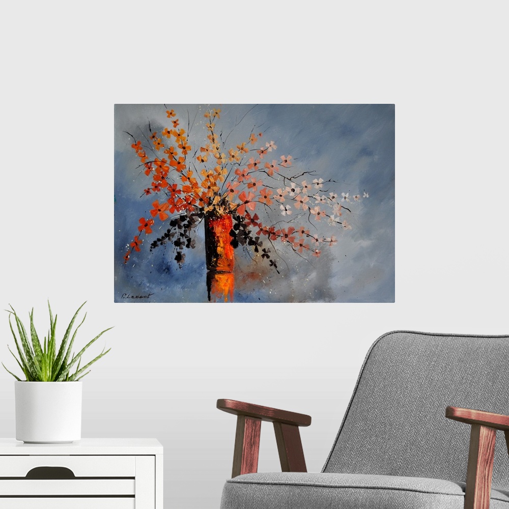 A modern room featuring A contemporary painting of a vase of autumn colored flowers.