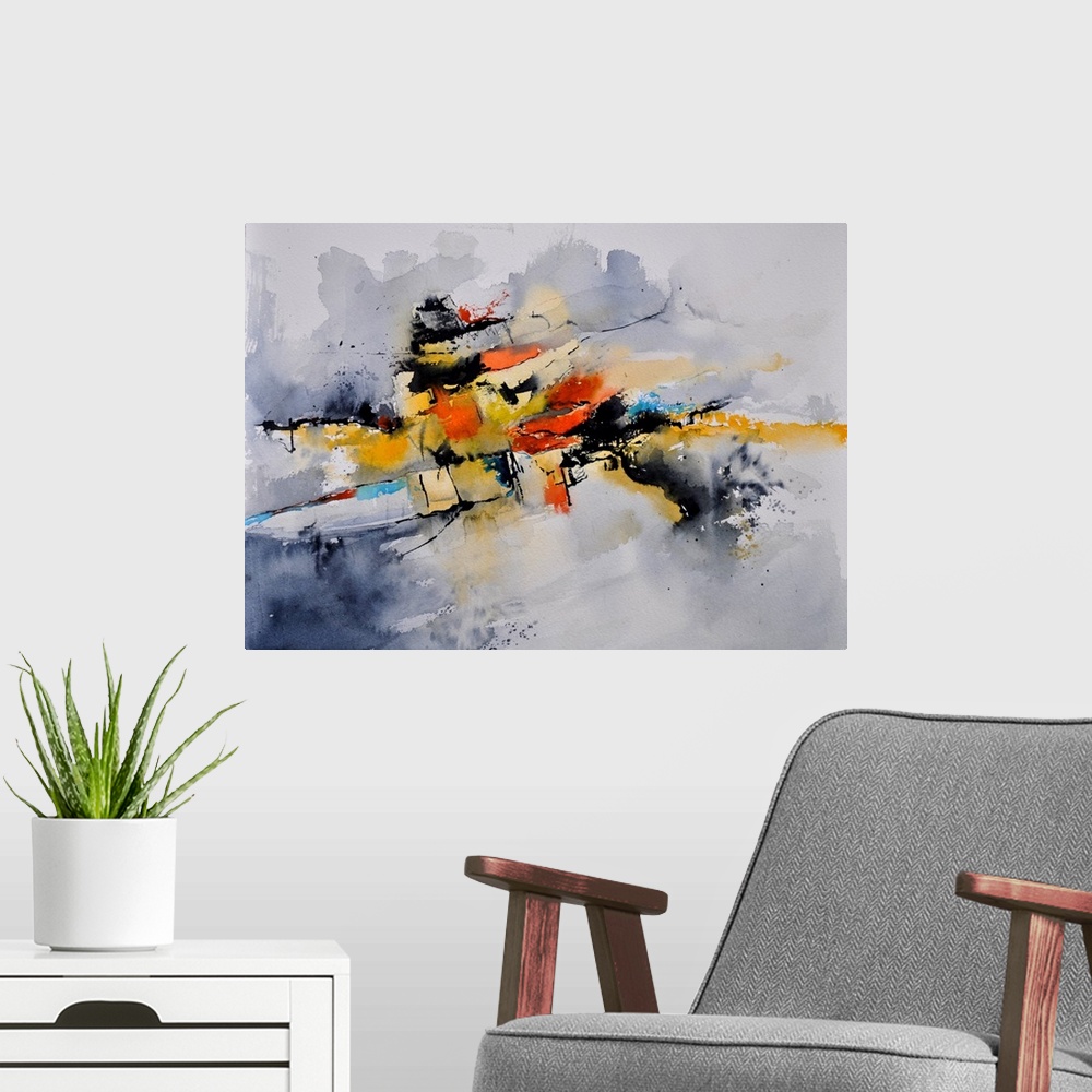 A modern room featuring Abstract watercolor painting in shades of orange, yellow and gray mixed in with black contrasting...
