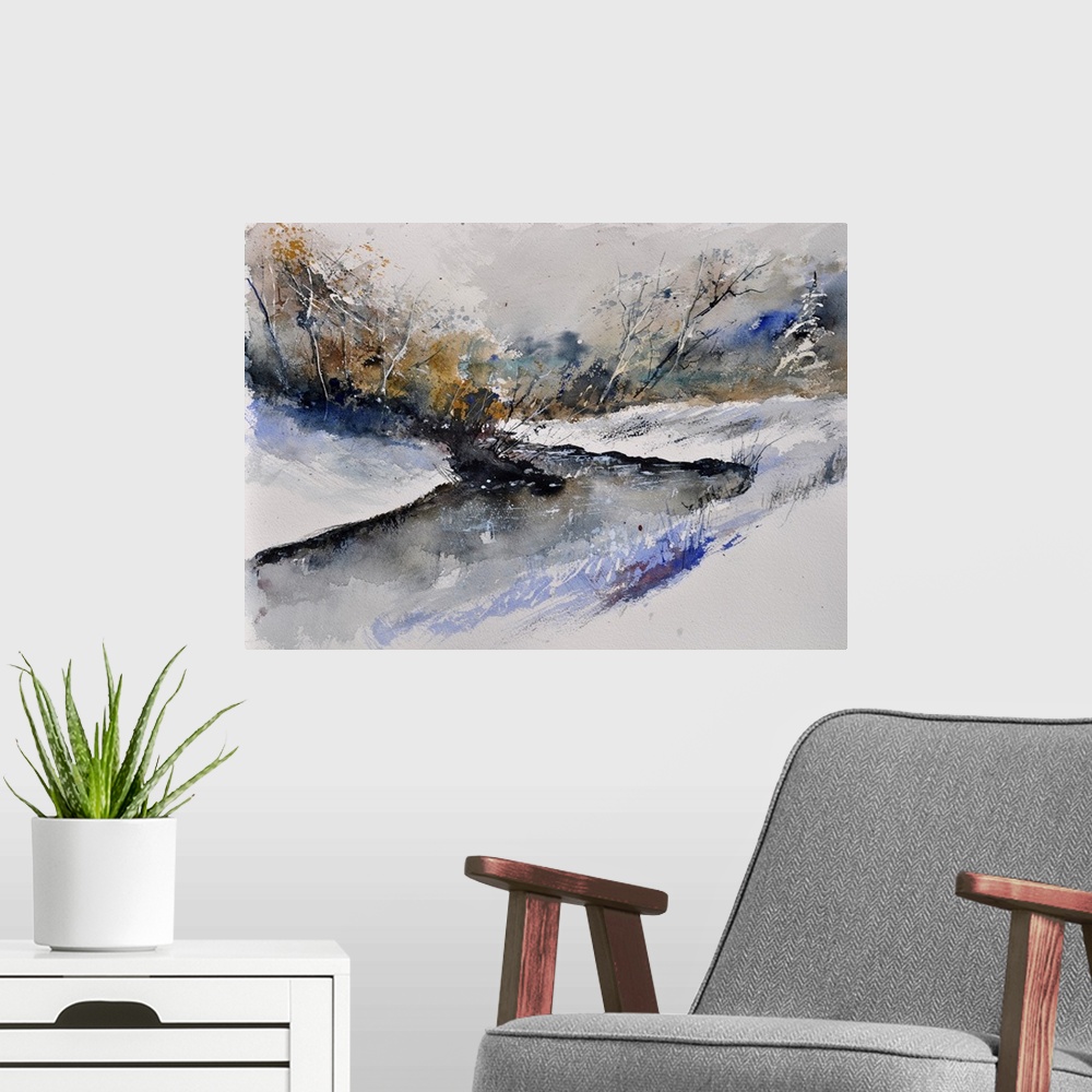 A modern room featuring Horizontal watercolor painting of a river winding through the woods in neutral colors of gray, bl...