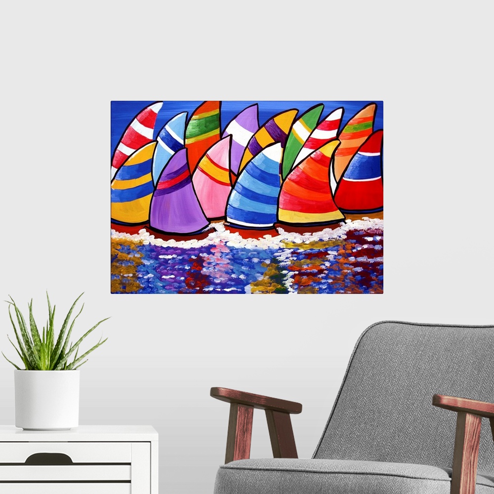 A modern room featuring Colorful sailboats enjoying the day, reflect into the water under a blue sky.
