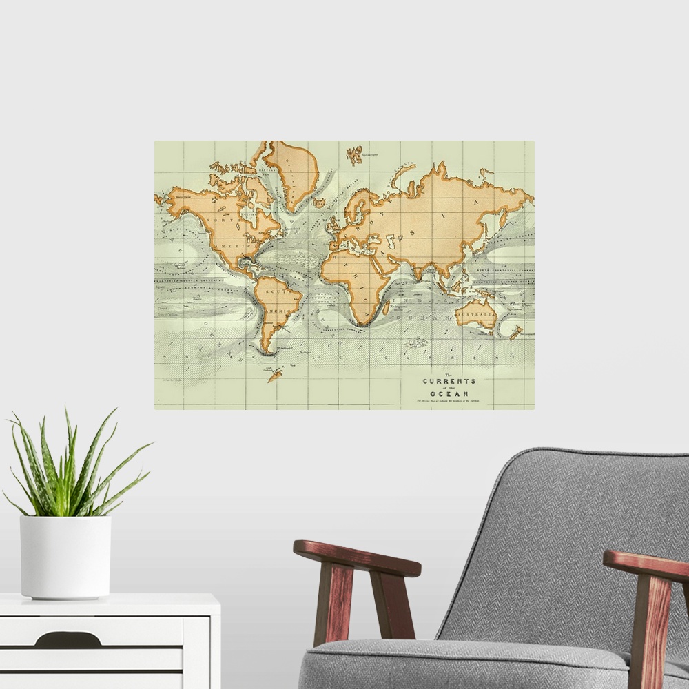 A modern room featuring Map of ocean currents. The direction of the currents is marked by arrows. There are 17 major surf...