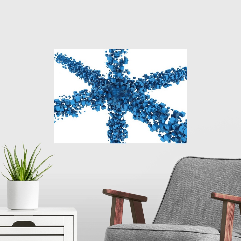 A modern room featuring Blue cubes making a star shape, illustration.