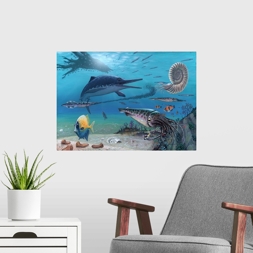 A modern room featuring Ichthyosaur and prey. Artwork of an Ichthyosaurus marine reptile (centre left) hunting its prey, ...