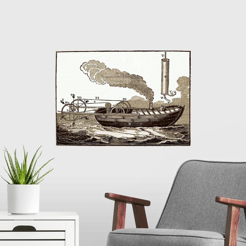 A modern room featuring Jonathan Hulls' steamboat, historical artwork. A patent for this steam-powered towboat was taken ...