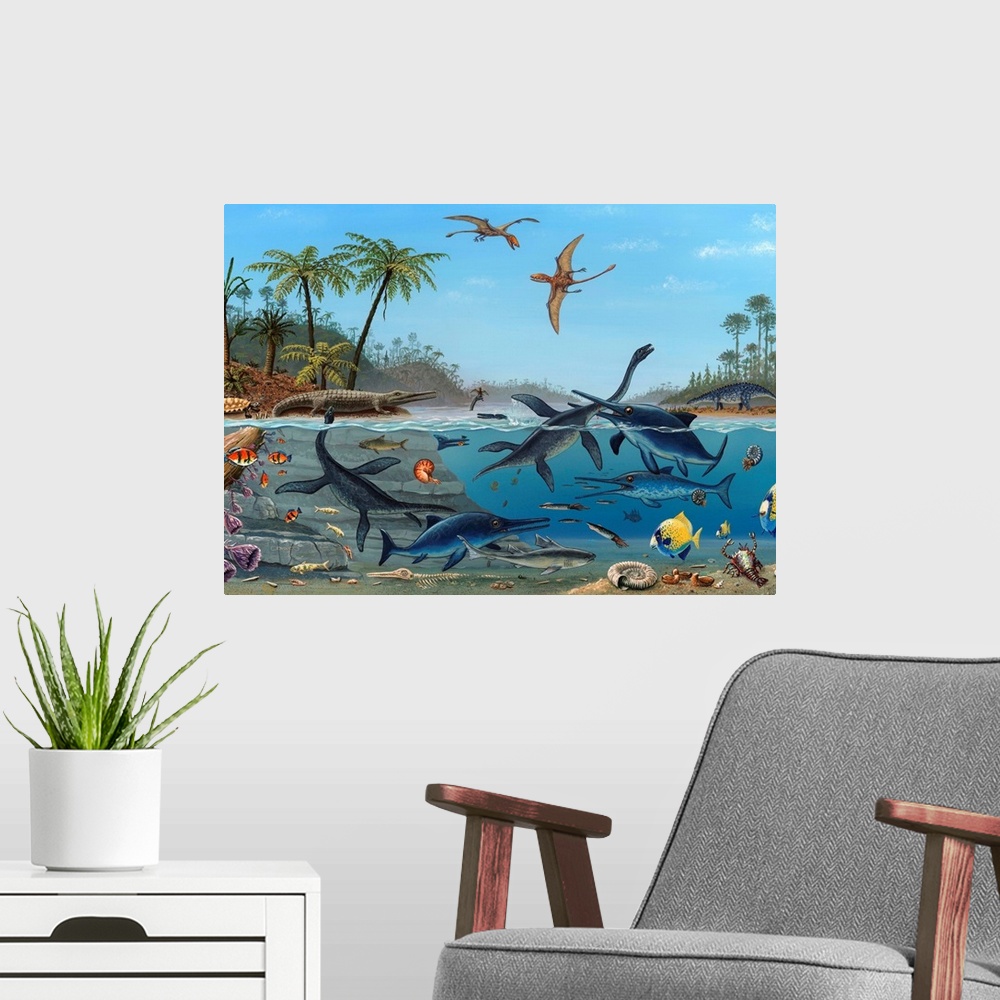 A modern room featuring Jurassic landscape. Coloured updating of the famous artwork Duria Antiquior (Ancient Devon), pain...