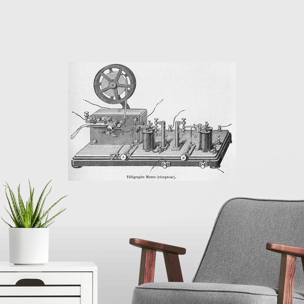 A modern room featuring Morse's telegraph. Historical artwork of the receiver of a telegraph machine used to communicate ...