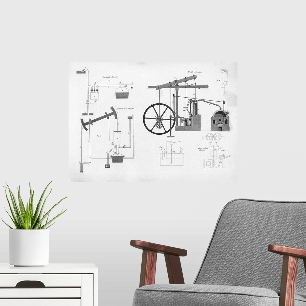 A modern room featuring Engraved plate showing diagrams of various pumping engines. These are steam engines designed to p...